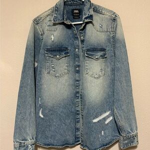 Zara Blue Oversized Distressed Denim Jacket
